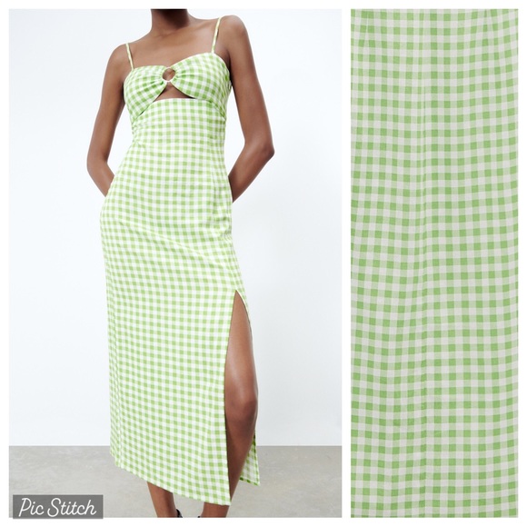 NWT. Zara White/Green Linen Blend Gingham Midi Dress. Size M. - Picture 2 of 10